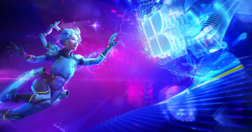 Video game character flying towards keywords logo