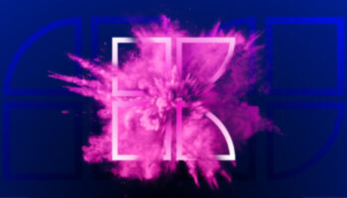 keywords logo on blue background with pink powder exploding in the middle