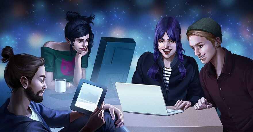 Four people sat around on laptops
