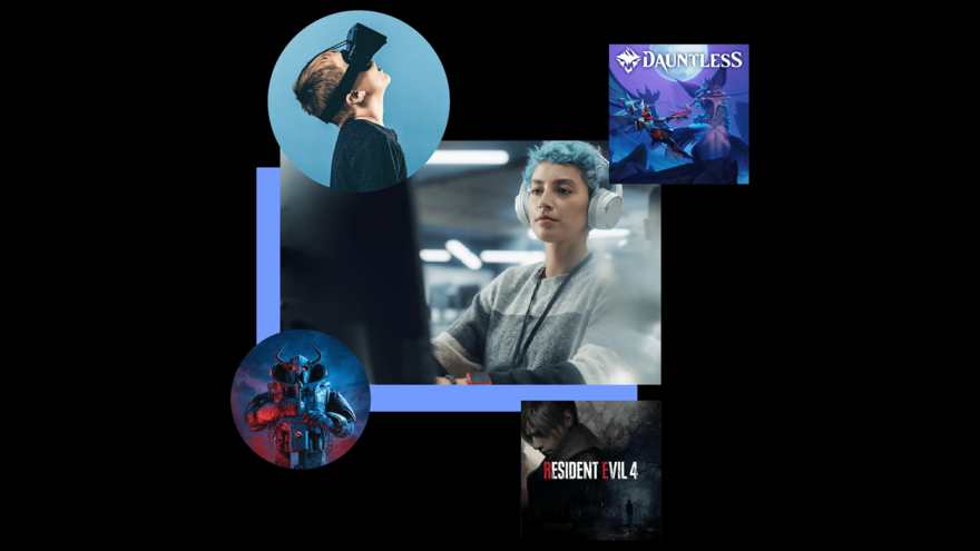 A combination of images centered around a young person on a computer