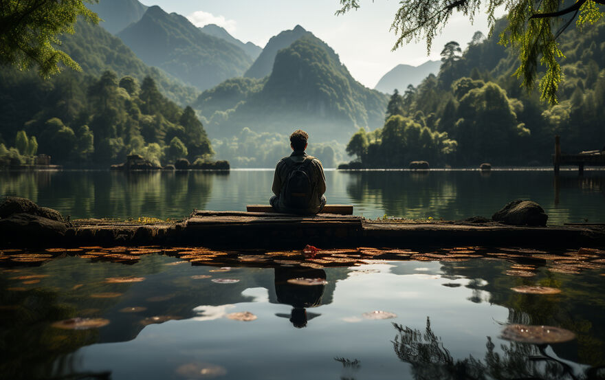 A graphic of a person sitting on a lake with a mountain in the front