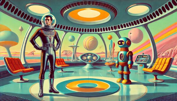 The image depicts a retro-futuristic scene inside a spaceship. A man in a black spacesuit with a helmet stands in the foreground. Next to them is a colorful robot. 