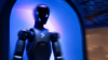 An android emerging from a glowing purple doorway
