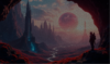 Mountainous environment with a red tint. There is a tower in the background with blue light running up the side, with an eclipsed sun on the horizon.
