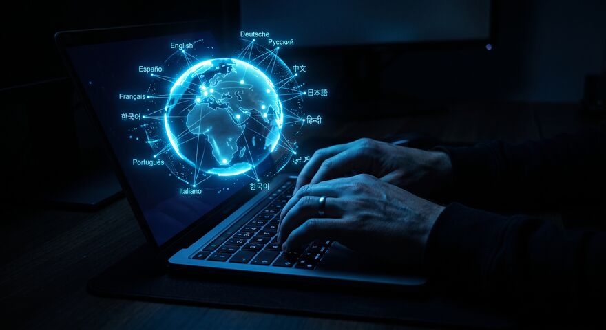 Someone typing on a laptop with a globe hologram projecting from the screen