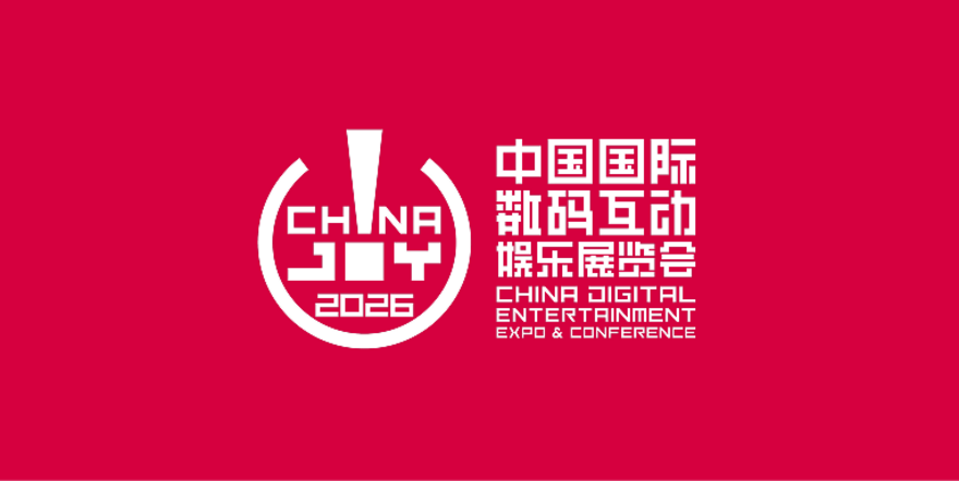 White logo of China Joy 2026 on a red background