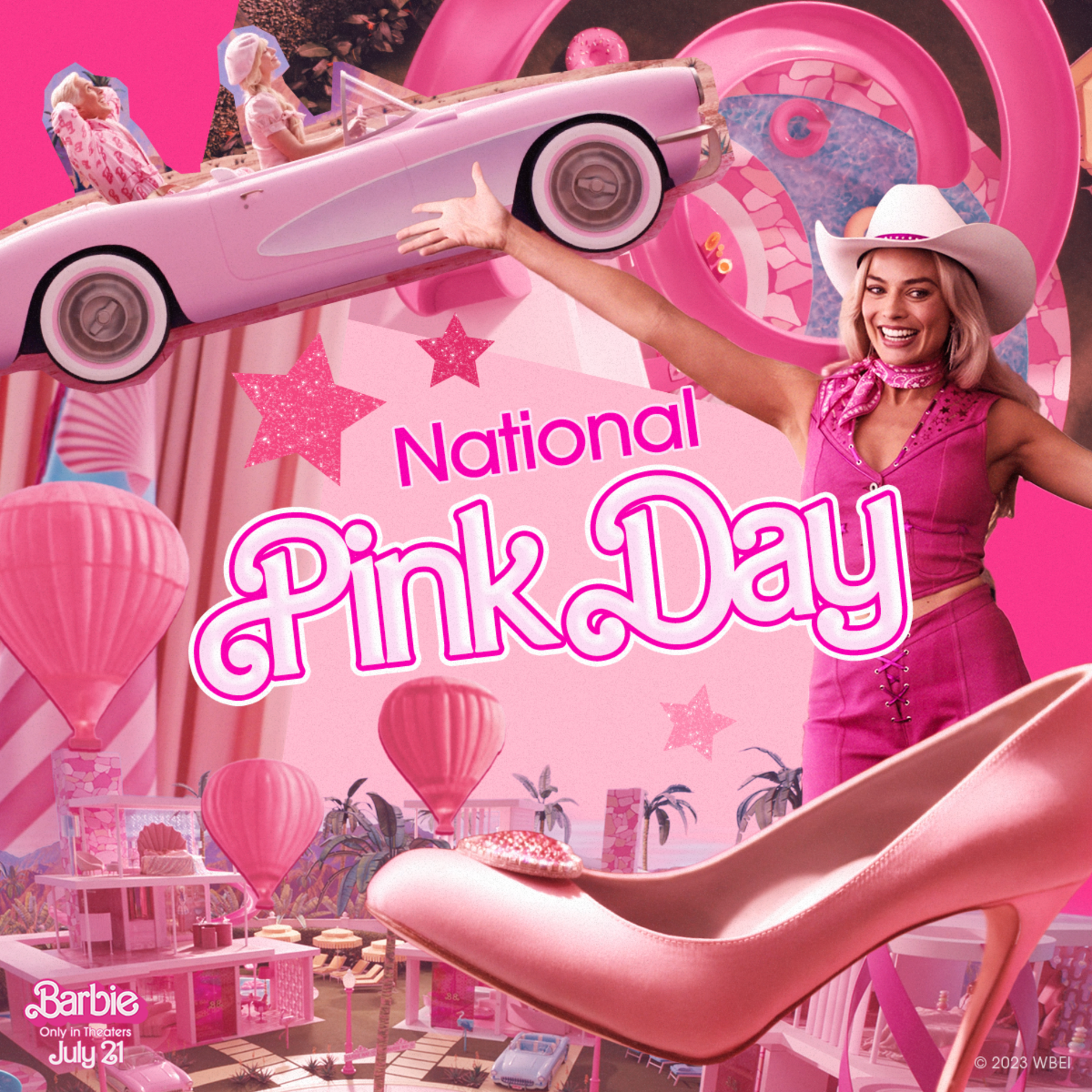Margot Robbie as Barbie with the text National Pink Day