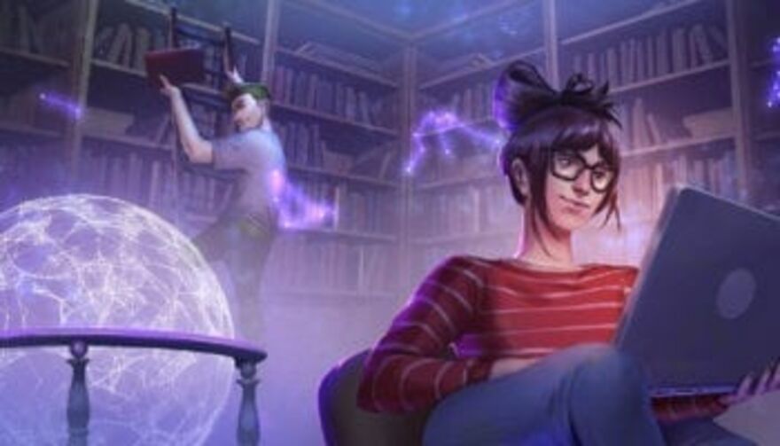 man putting books on shelf on left, women using laptop on right, moon/electricity sphere on the front left