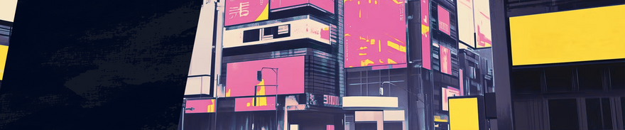A pink yellow and black graphic of a building