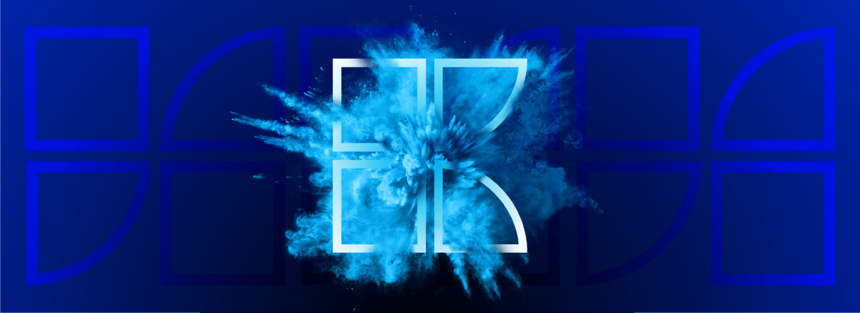 Keywords logo on a blue background with light blue powder exploding in the middle