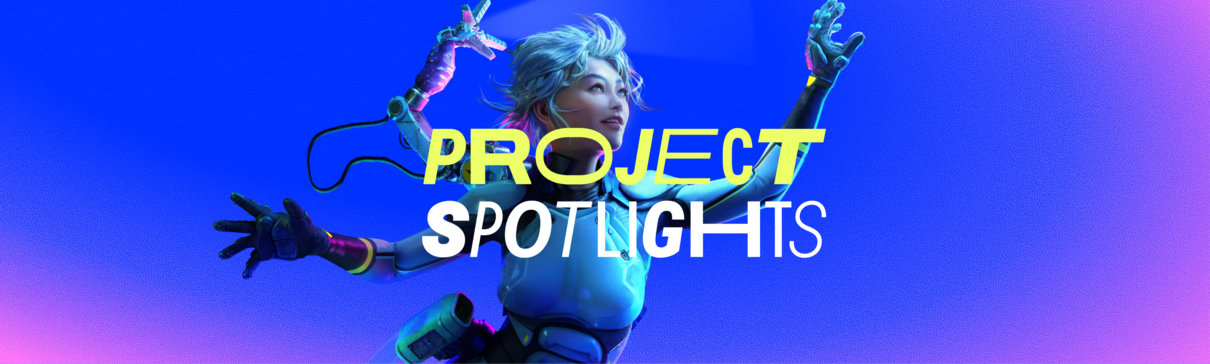 Project Spotlights logo with a female sci-fi character in the background