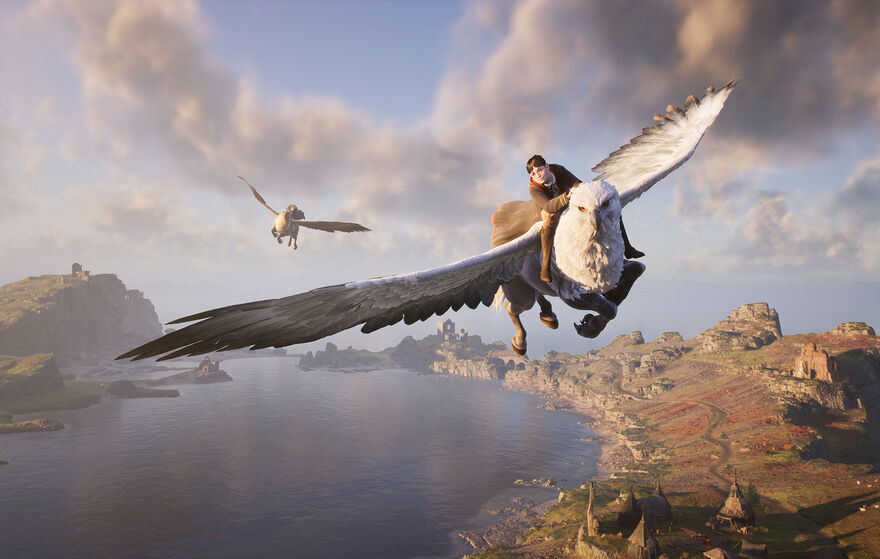 Hogwarts Legacy character flying on a Hippogriff