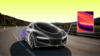 A car driving around a bend with wireframe annotations in the background