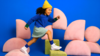 Child running across keywords themed pillows