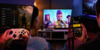 Split image showing 3 different digital experiences. - a game controller being customised, a TV show with subtitles, a mobile app interface with strong contrast in colours