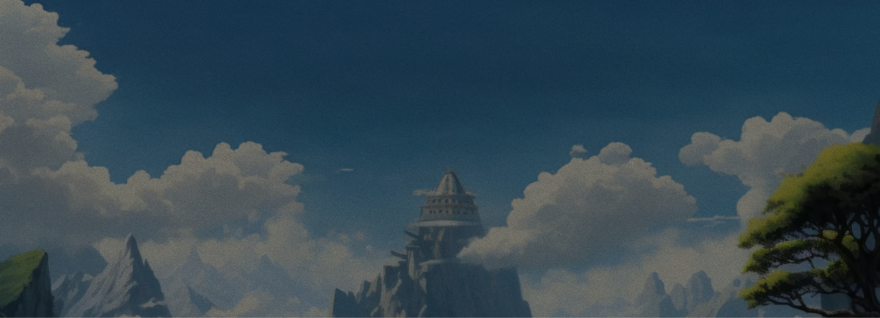 A cloudy sky with a mountaintop temple