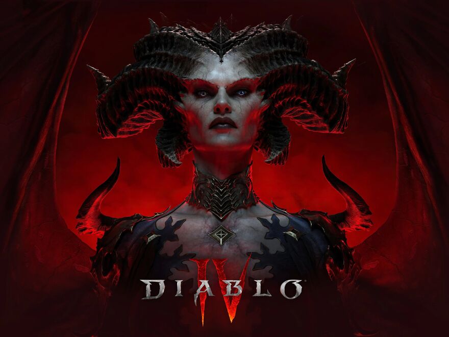 Lilith from diablo looking down on the camera with the Diablo 4 logo below