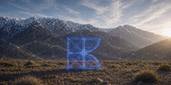 Wireframe Keywords Studios Logo on a virtually generated mountain valley